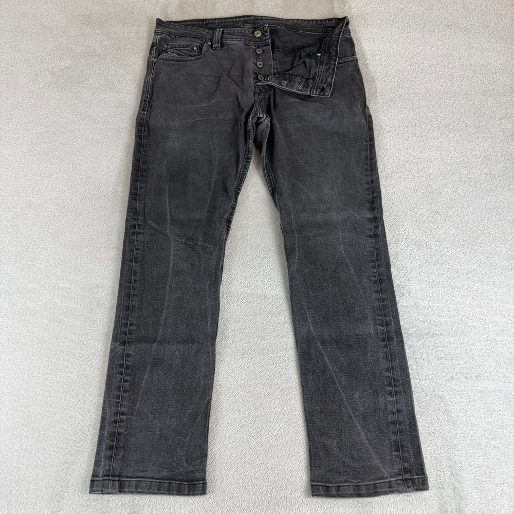 Diesel Straight Leg Jeans Mens 38x30 Black Denim Button Fly Distressed Stretch